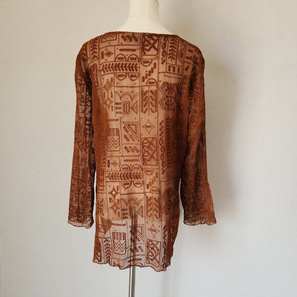 Chico's Silk Embroidered Beaded Blouse Long Sleeve Sheer Chiffon Brown - Picture 5 of 11